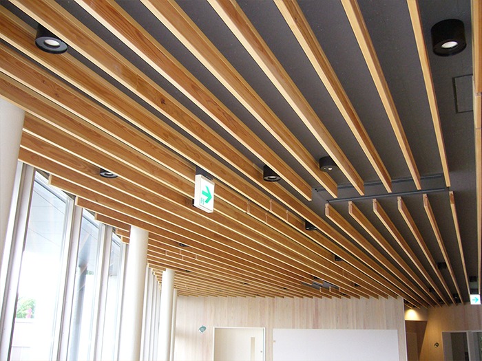 北海道,某子ども館 / 天井 準不燃杉 ルーバー(クリア塗装) / 壁 準不燃ｔ6(着色)