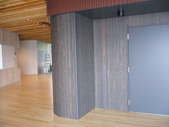 北海道,某子ども館 / 天井 準不燃杉 ルーバー(クリア塗装) / 壁 準不燃ｔ6(着色)